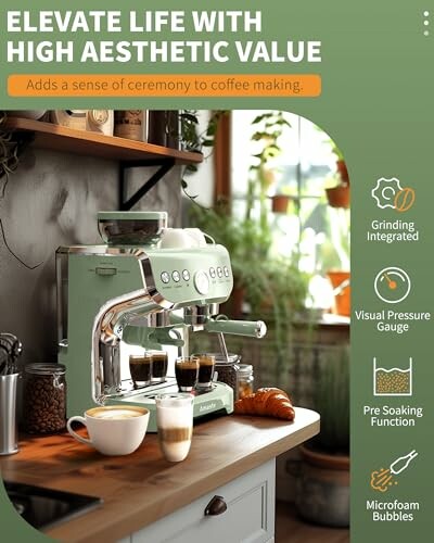 Stylish coffee machine with integrated grinder and visual pressure gauge on a kitchen counter.