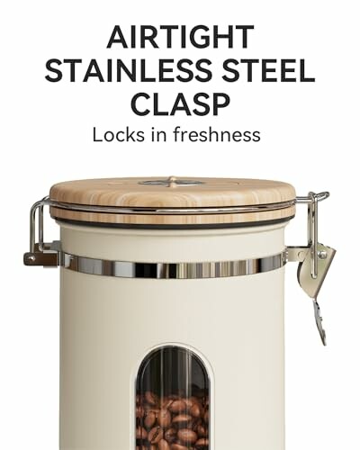 Airtight stainless steel clasp container with coffee beans.