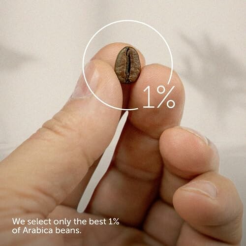 Hand holding a single Arabica coffee bean with 1% text overlay.