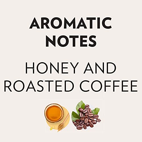 Aromatic notes of honey and roasted coffee with images of honey and coffee beans.