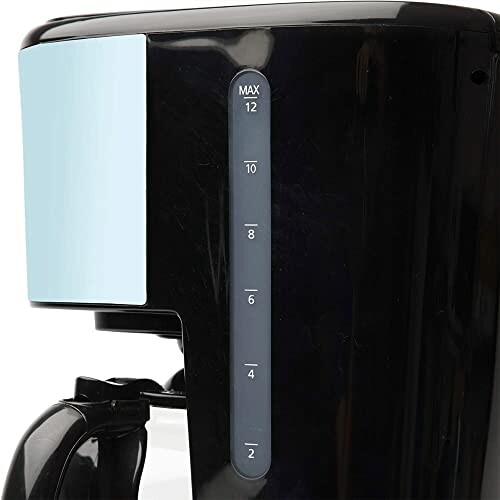 Black coffee maker with water level indicator on the side.