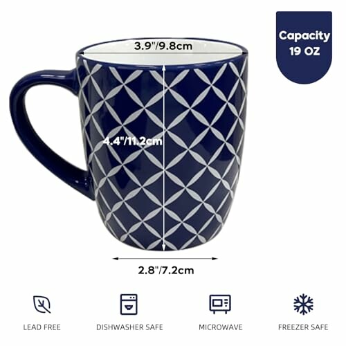 Blue patterned mug with measurements and features.