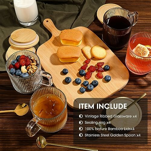 Breakfast setup with glassware, wooden board, and snacks.