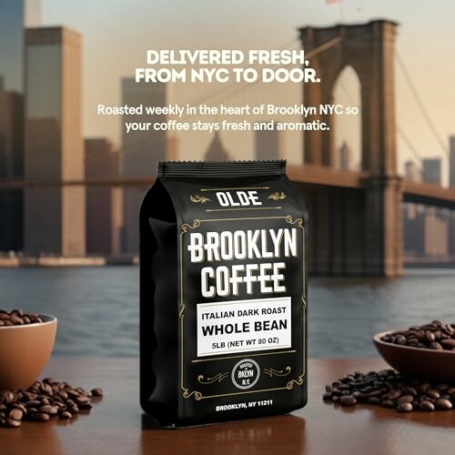 Brooklyn Coffee whole bean package with Brooklyn Bridge in background.