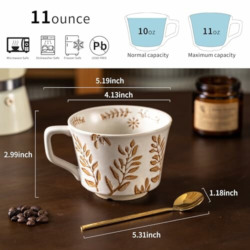 Decorative ceramic coffee cup with gold spoon and coffee beans, capacity details shown.