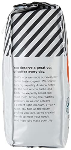 Side view of a coffee bag with text about quality Arabica beans.