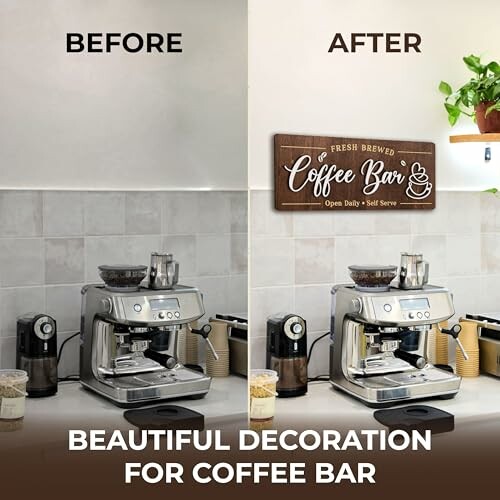 Before and after coffee bar decoration with sign and plants.