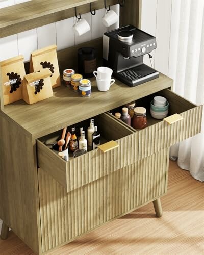 Coffee bar with espresso machine, mugs, and storage drawers.