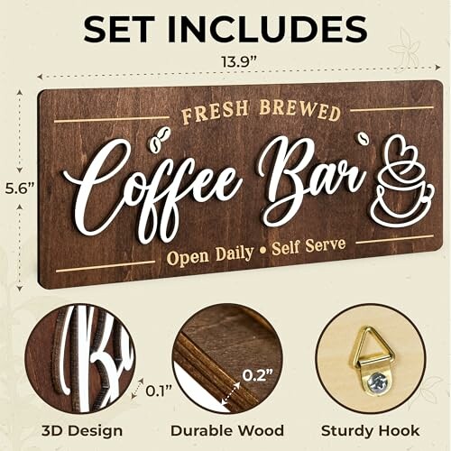 Decorative coffee bar sign with dimensions and features.