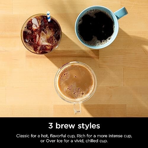 Three coffee brew styles: hot, rich, and iced.