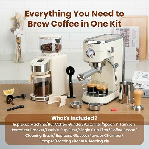 Coffee brewing kit with espresso machine and accessories.