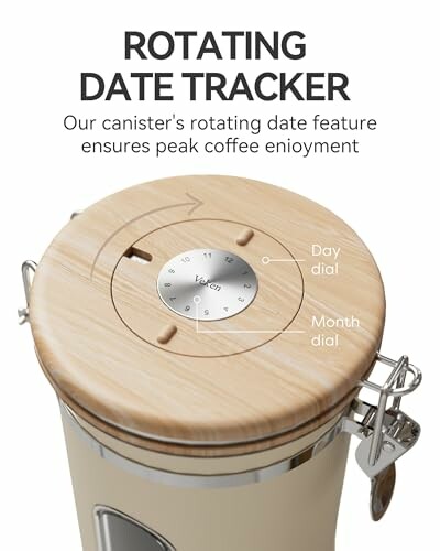 Coffee canister with rotating date tracker on lid.