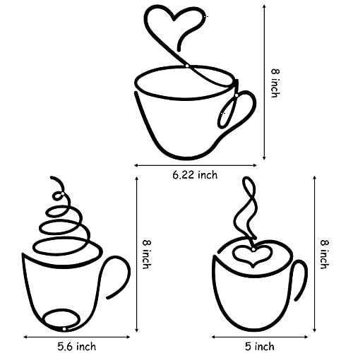 Three coffee cup outlines with decorative steam designs, each 8 inches tall.