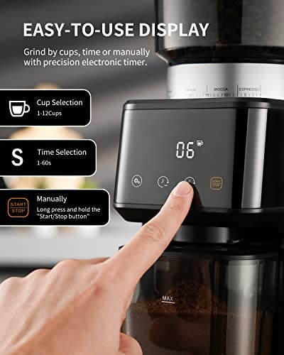 Finger pressing coffee grinder display with cup and time selection options.