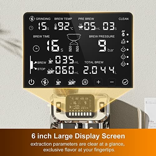 Coffee machine display showing grind size, brew temperature, pre-brew time, and pressure settings.