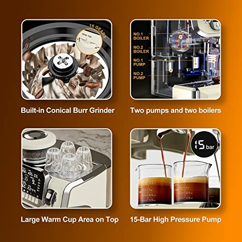 Coffee machine features: built-in conical burr grinder, two pumps and boilers, large warm cup area, 15-bar pressure pump.