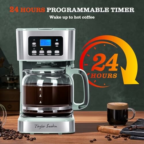 Coffee maker with 24-hour programmable timer and coffee cup.