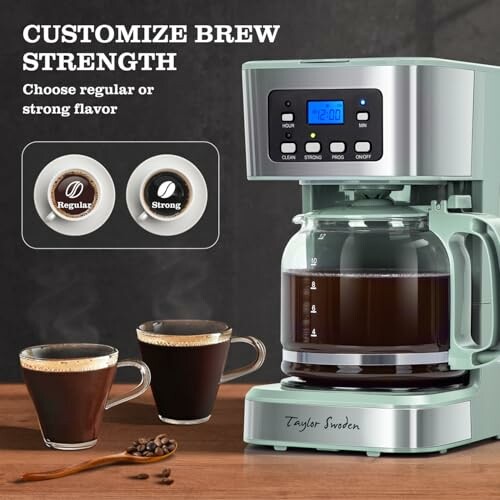 Coffee maker with brew strength options, regular or strong.