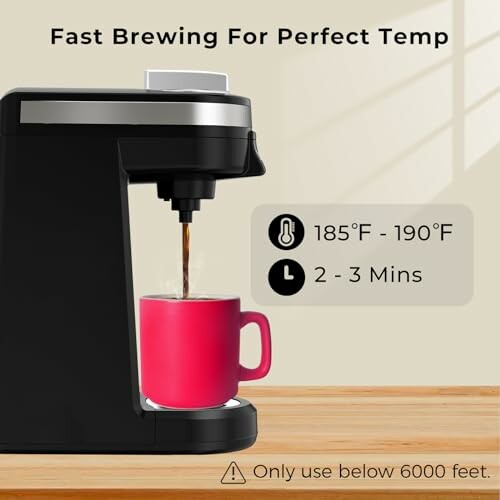 Coffee maker brewing a hot beverage into a red mug with temperature and time details.