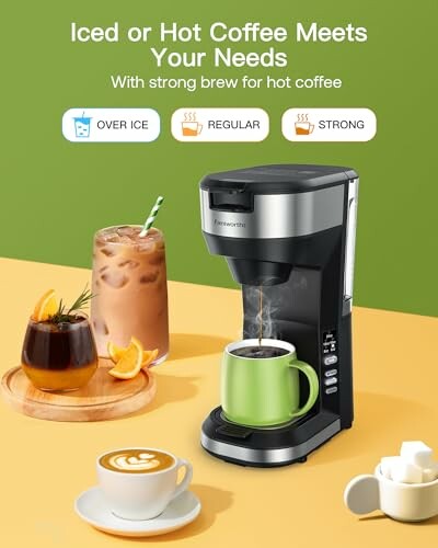 Coffee maker with options for iced and hot coffee beside various coffee drinks.