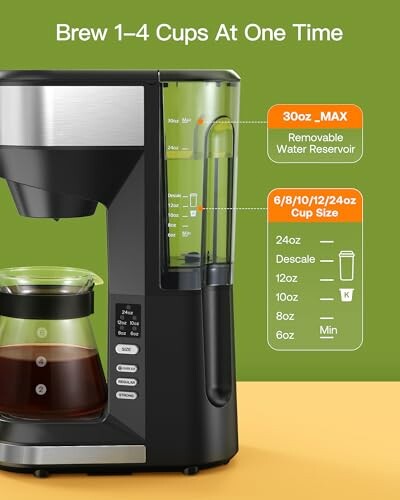 Coffee maker with removable water reservoir and multiple cup size options.