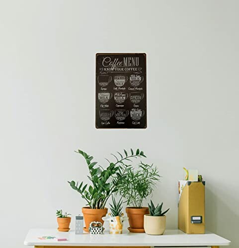 Wall with a coffee menu art and potted plants on a shelf.