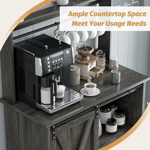 Coffee station with machine, cups, and accessories on a wooden counter.