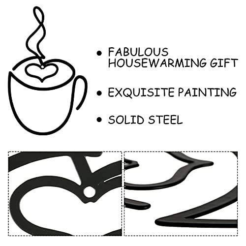 Coffee-themed decorative item with heart design, featuring its qualities: fabulous housewarming gift, exquisite painting, solid steel.