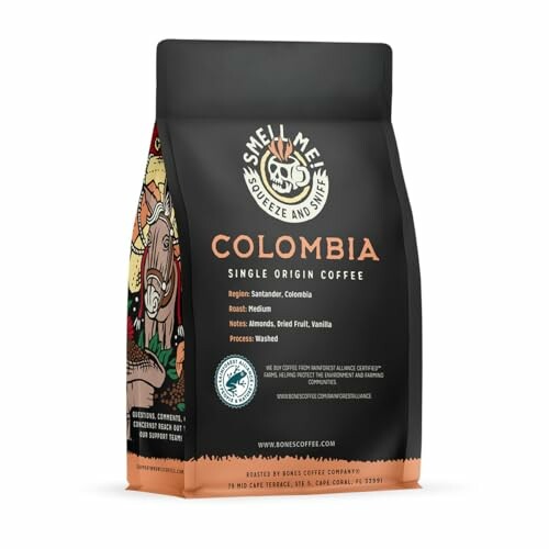 Colombia single origin coffee bag with artwork and flavor notes