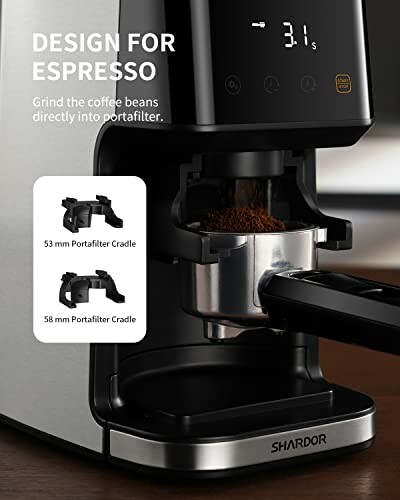 Espresso grinder machine with portafilter cradle options.