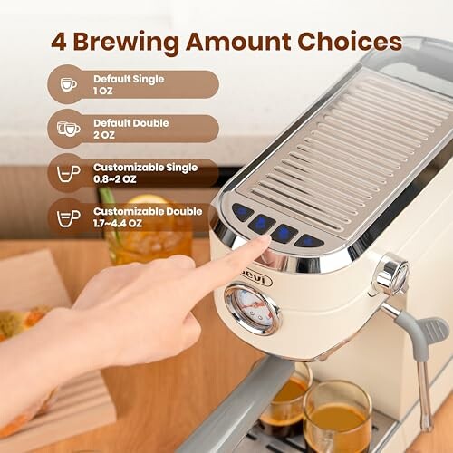 Espresso machine with four brewing amount choices highlighted.