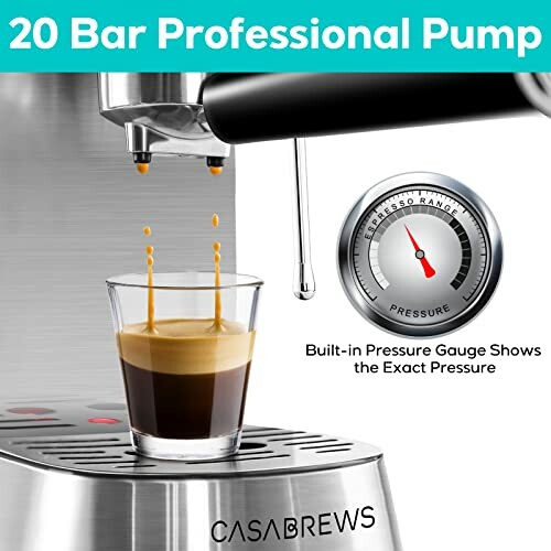 Espresso machine with 20 bar professional pump and built-in pressure gauge.