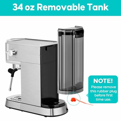 Espresso machine with removable 34 oz water tank and note about rubber plug.