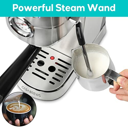 Espresso machine with a powerful steam wand frothing milk.