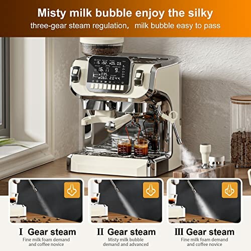 Espresso machine with three-gear steam regulation for milk foam.