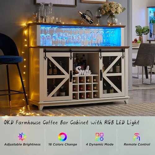 Farmhouse coffee bar cabinet with RGB LED light and glasses.