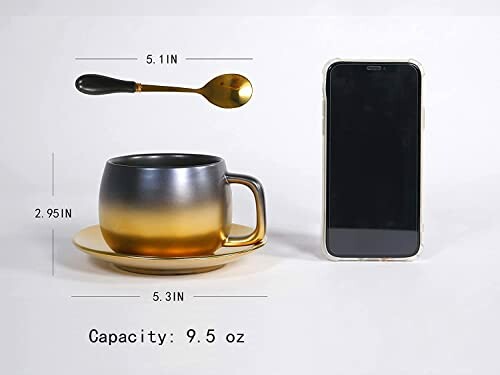 Gradient mug set with spoon and smartphone for size comparison.