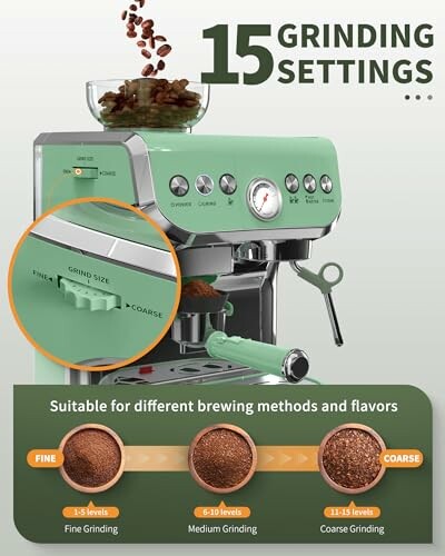 Green espresso machine with 15 grinding settings and coffee beans.