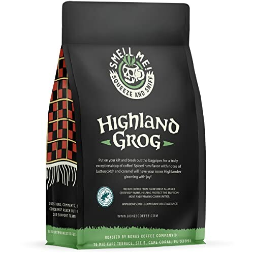 Highland Grog coffee bag with skull design and tartan pattern.