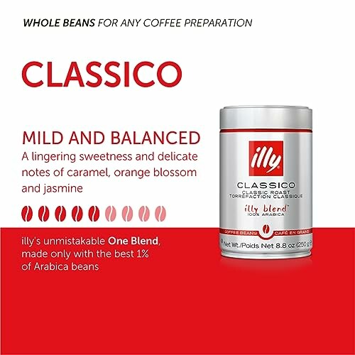 Illy Classico coffee beans packaging with description and aroma notes.