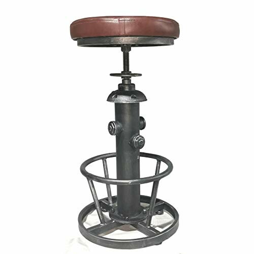 Industrial style adjustable bar stool with round seat and metal base.