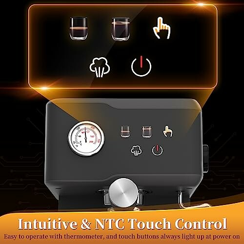 Coffee machine with intuitive NTC touch control and thermometer.