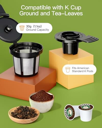 Reusable coffee filter with K Cup compatibility for ground coffee and tea leaves.