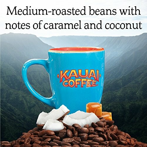 Kauai Coffee mug with medium-roasted beans, caramel, and coconut.