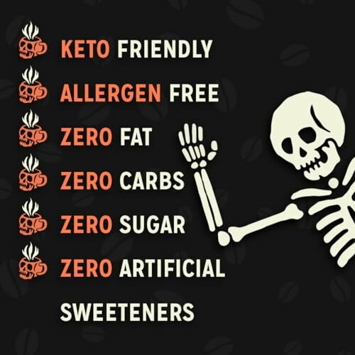 Skeleton highlighting keto friendly and zero allergen, fat, carbs, sugar, artificial sweeteners.