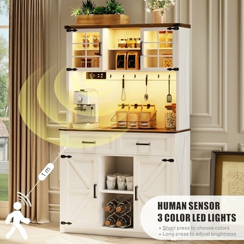 White kitchen cabinet with LED lights and shelves.