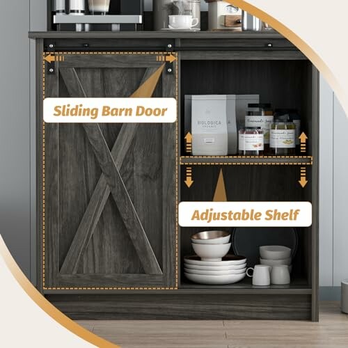 Kitchen cabinet with sliding barn door and adjustable shelf