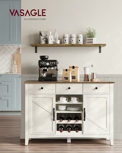 Kitchen coffee station with white cabinet, espresso machine, and shelf.