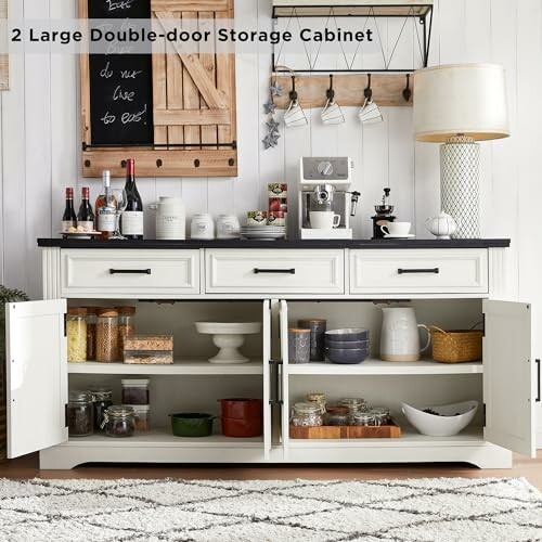 Kitchen storage cabinet with open and closed doors, displaying various kitchen items.