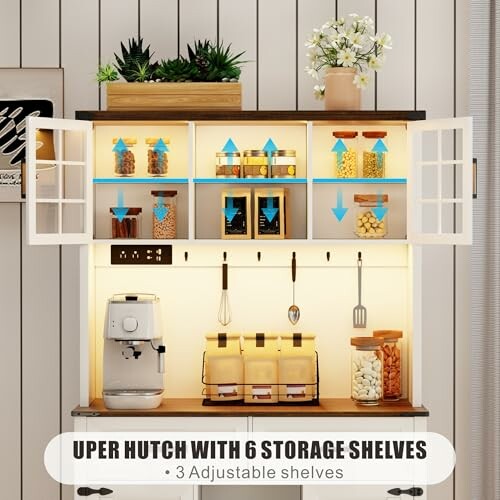 Kitchen hutch with 6 storage shelves and a coffee maker.